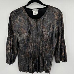 Alberto Makali Pleated Snake Skin Print Sleeve Zipper Front Top Large